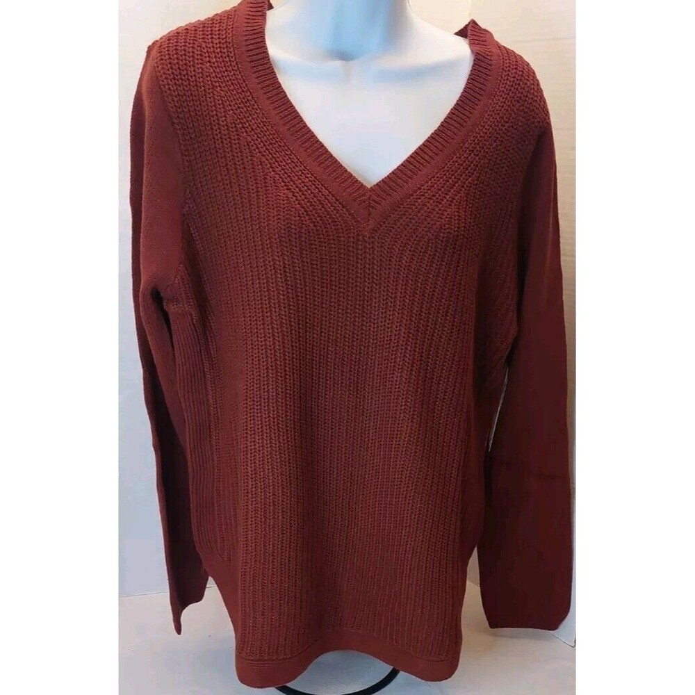 R D Style V Neck Scoop Bottom Pullover Reddish Brown Knit Sweater Sz L